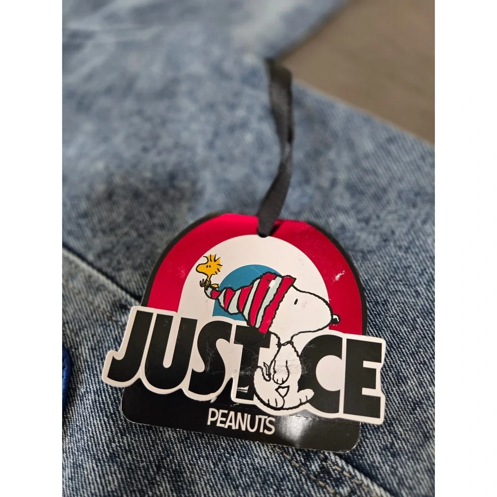 Justice Peanuts Snoopy Denim Jacket Faux Shearling Acid Wash Patches Blue XLPlus